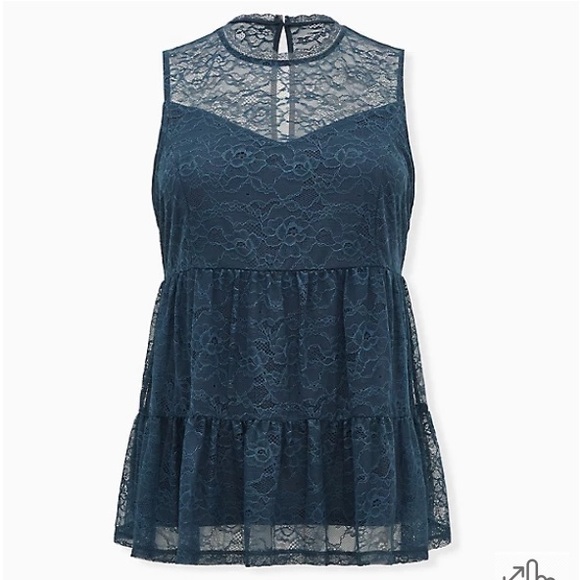 torrid Tops - Torrid Navy Lace Mock Neck Shirred Hem Sleeveless Top Size 2